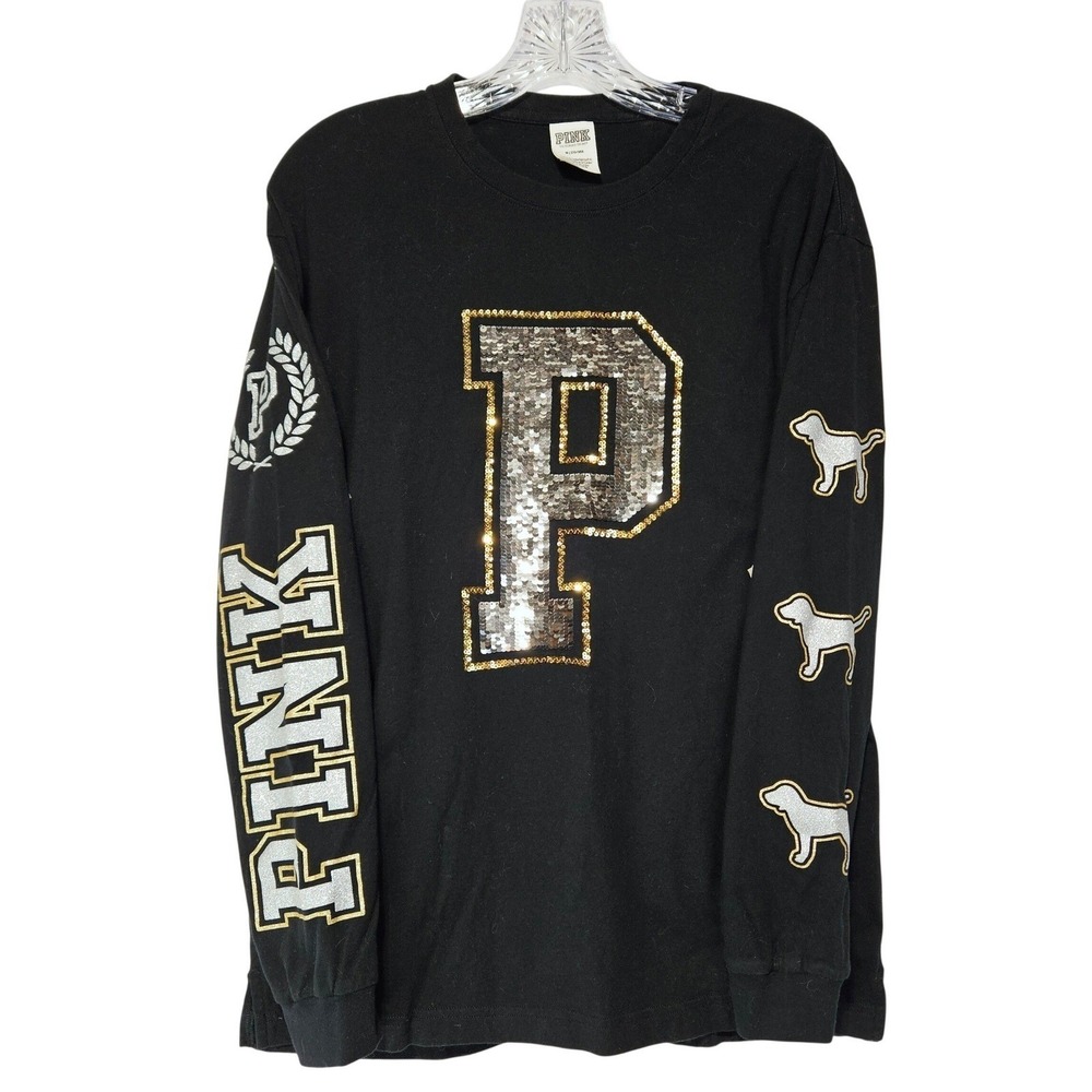 PINK Victoria's Secret Women's Long Sleeve Tee M Black Sequin P Logo Graphic Top